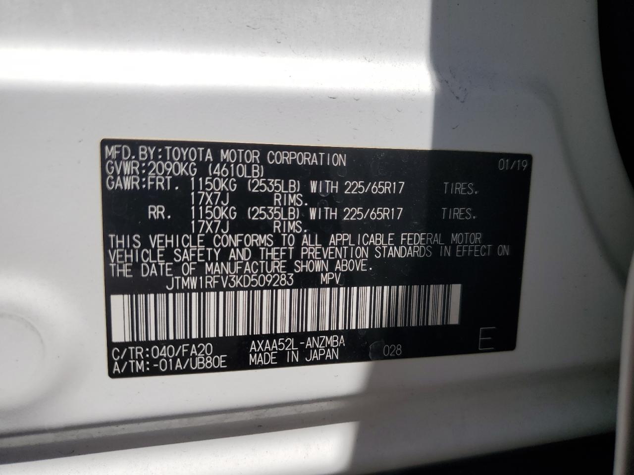 2019 Toyota Rav4 Xle VIN: JTMW1RFV3KD509283 Lot: 56561225