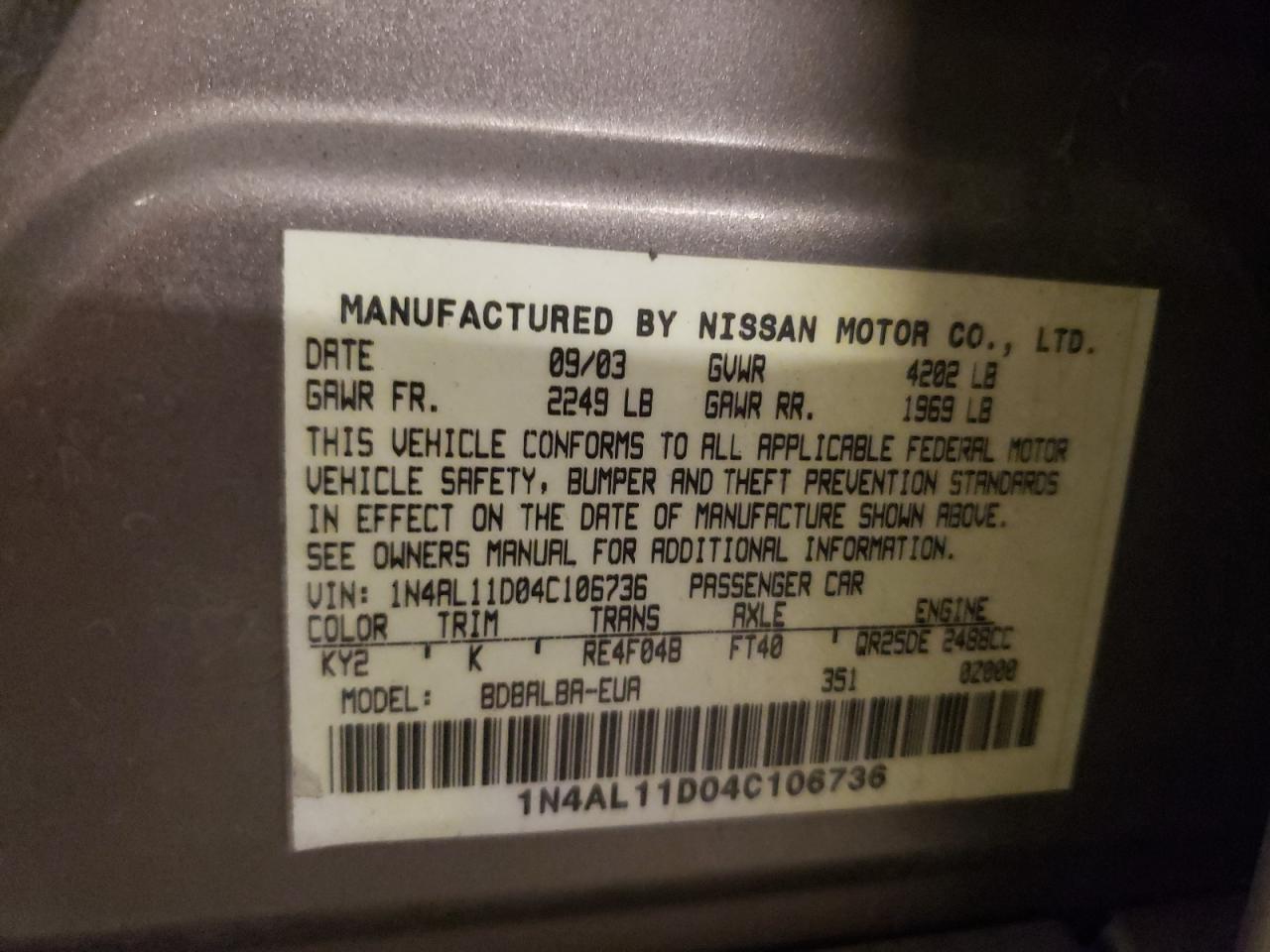 2004 Nissan Altima Base VIN: 1N4AL11D04C106736 Lot: 56575665