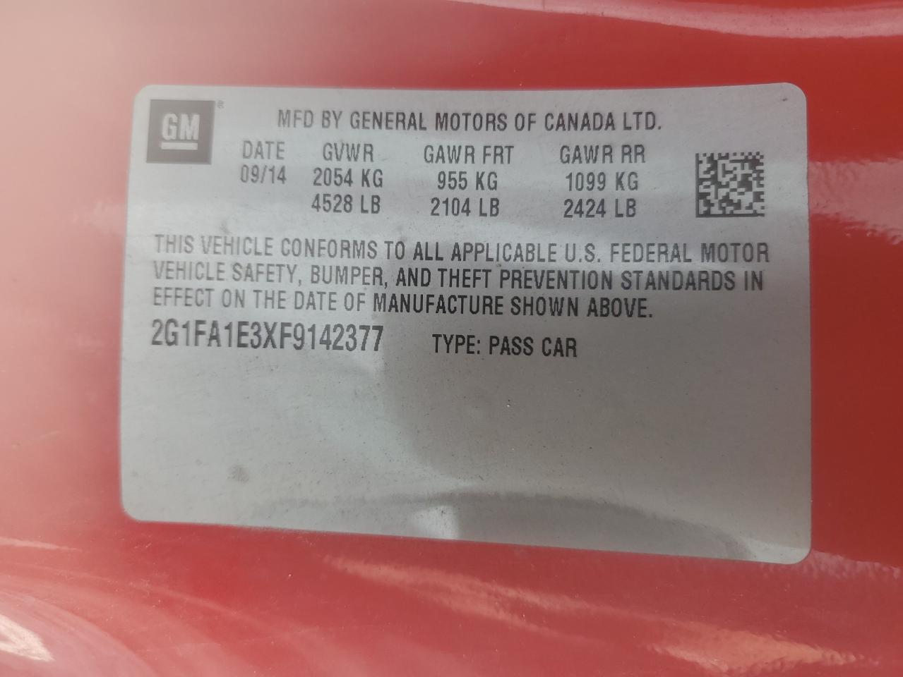 2015 Chevrolet Camaro Ls VIN: 2G1FA1E3XF9142377 Lot: 54206935