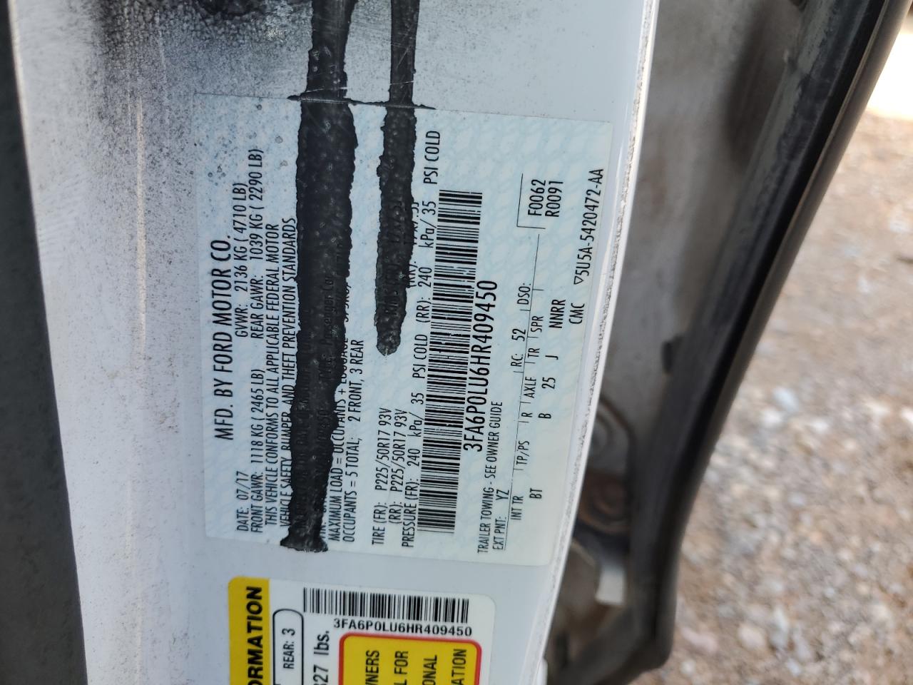 2017 Ford Fusion Se Hybrid VIN: 3FA6P0LU6HR409450 Lot: 54043415