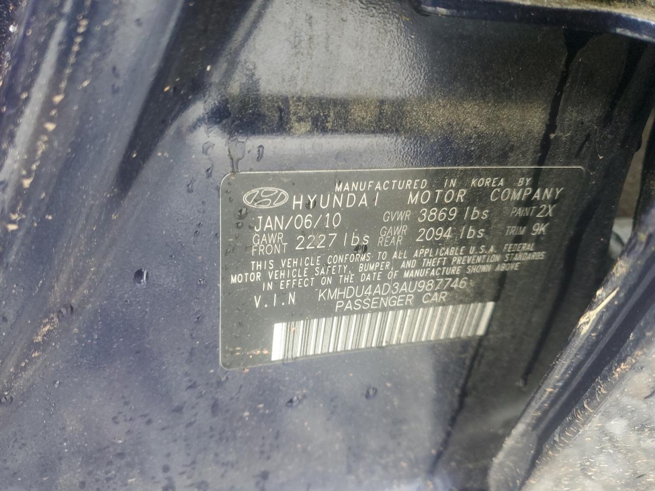 2010 Hyundai Elantra Blue VIN: KMHDU4AD3AU987746 Lot: 59226375