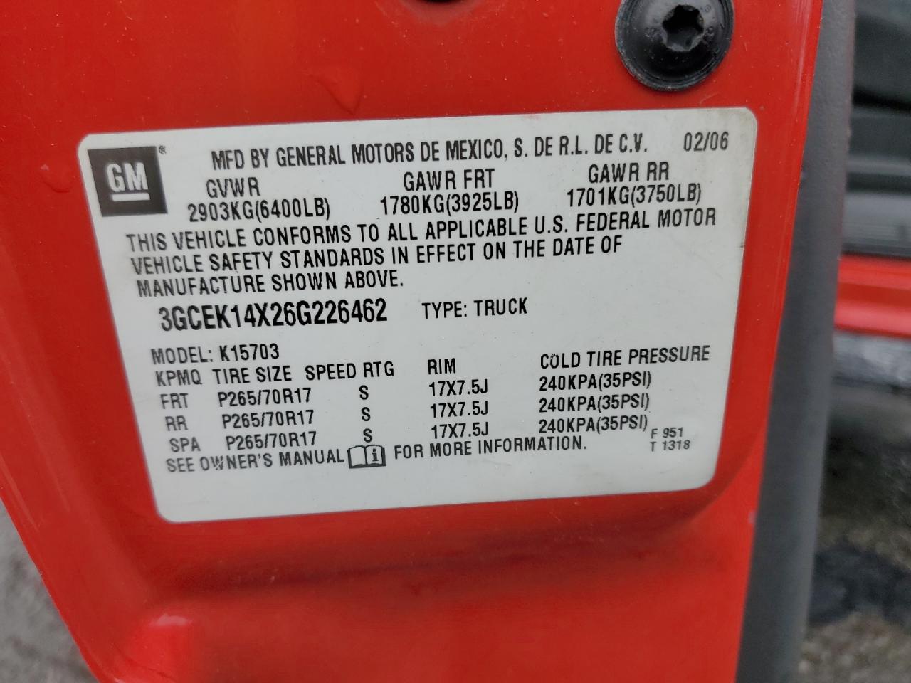 2006 Chevrolet Silverado K1500 VIN: 3GCEK14X26G226462 Lot: 58177195