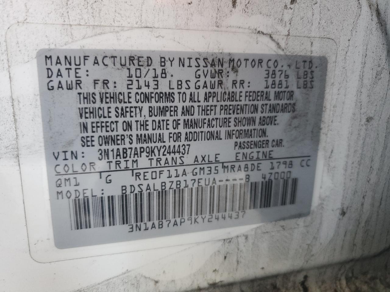 2019 Nissan Sentra S VIN: 3N1AB7AP9KY244437 Lot: 57344405