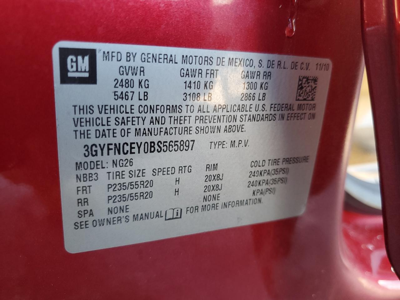 2011 Cadillac Srx Premium Collection VIN: 3GYFNCEY0BS565897 Lot: 58218365