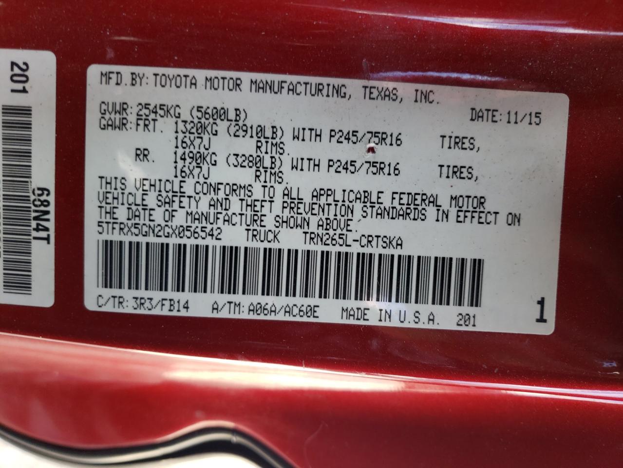 2016 Toyota Tacoma Access Cab VIN: 5TFRX5GN2GX056542 Lot: 56863015
