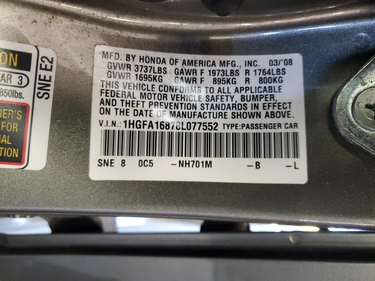 2008 Honda Civic Ex VIN: 1HGFA16878L077552 Lot: 57088585