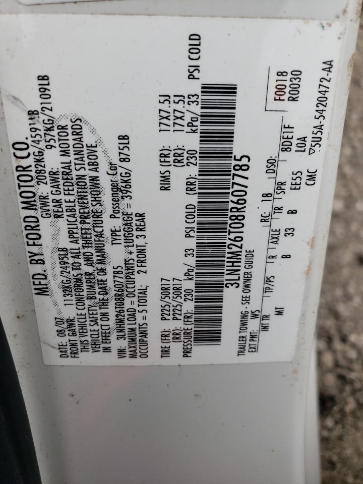 2008 Lincoln Mkz VIN: 3LNHM26T08R607785 Lot: 55038525