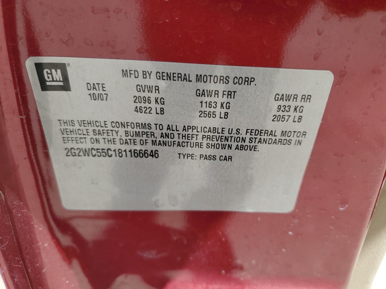 2008 Pontiac Grand Prix Gxp VIN: 2G2WC55C181166646 Lot: 56394295