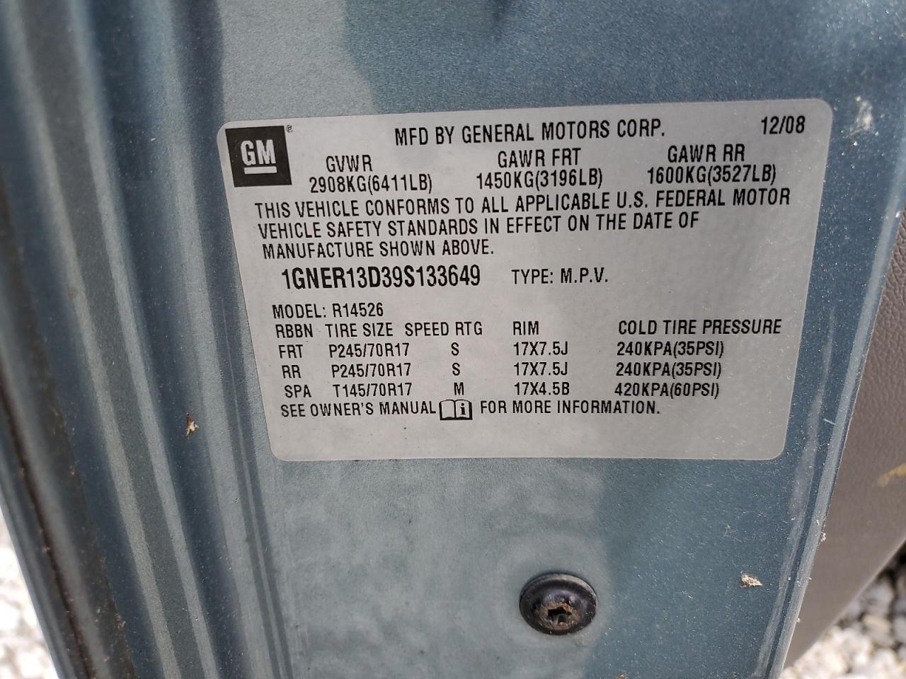 2009 Chevrolet Traverse Ls VIN: 1GNER13D39S133649 Lot: 58314745