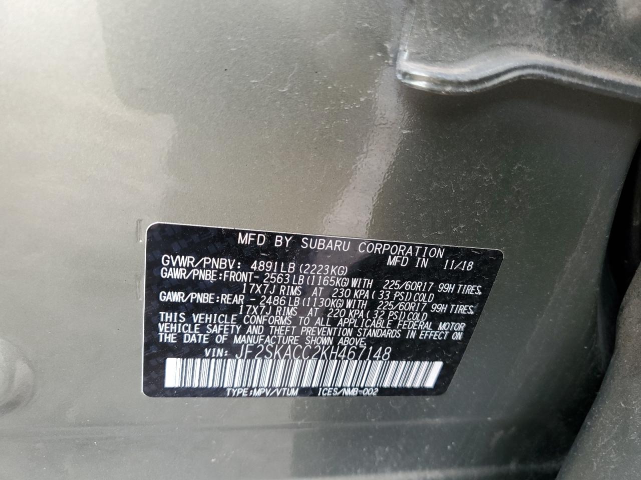2019 Subaru Forester VIN: JF2SKACC2KH467148 Lot: 56297455
