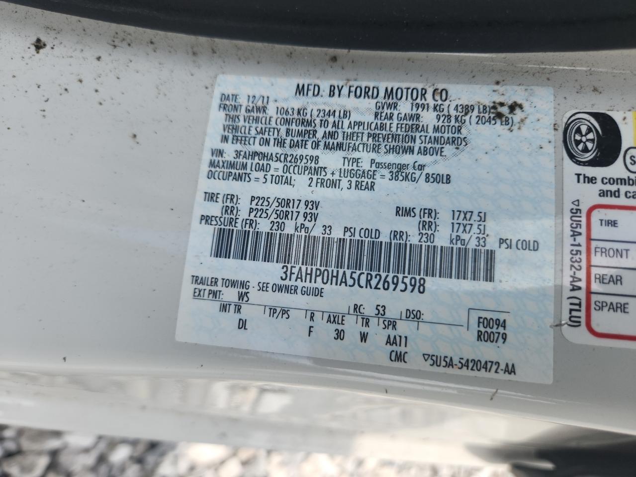 2012 Ford Fusion Se VIN: 3FAHP0HA5CR269598 Lot: 58352925