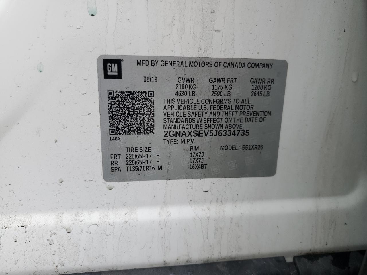 2018 Chevrolet Equinox Lt VIN: 2GNAXSEV5J6334735 Lot: 57116005