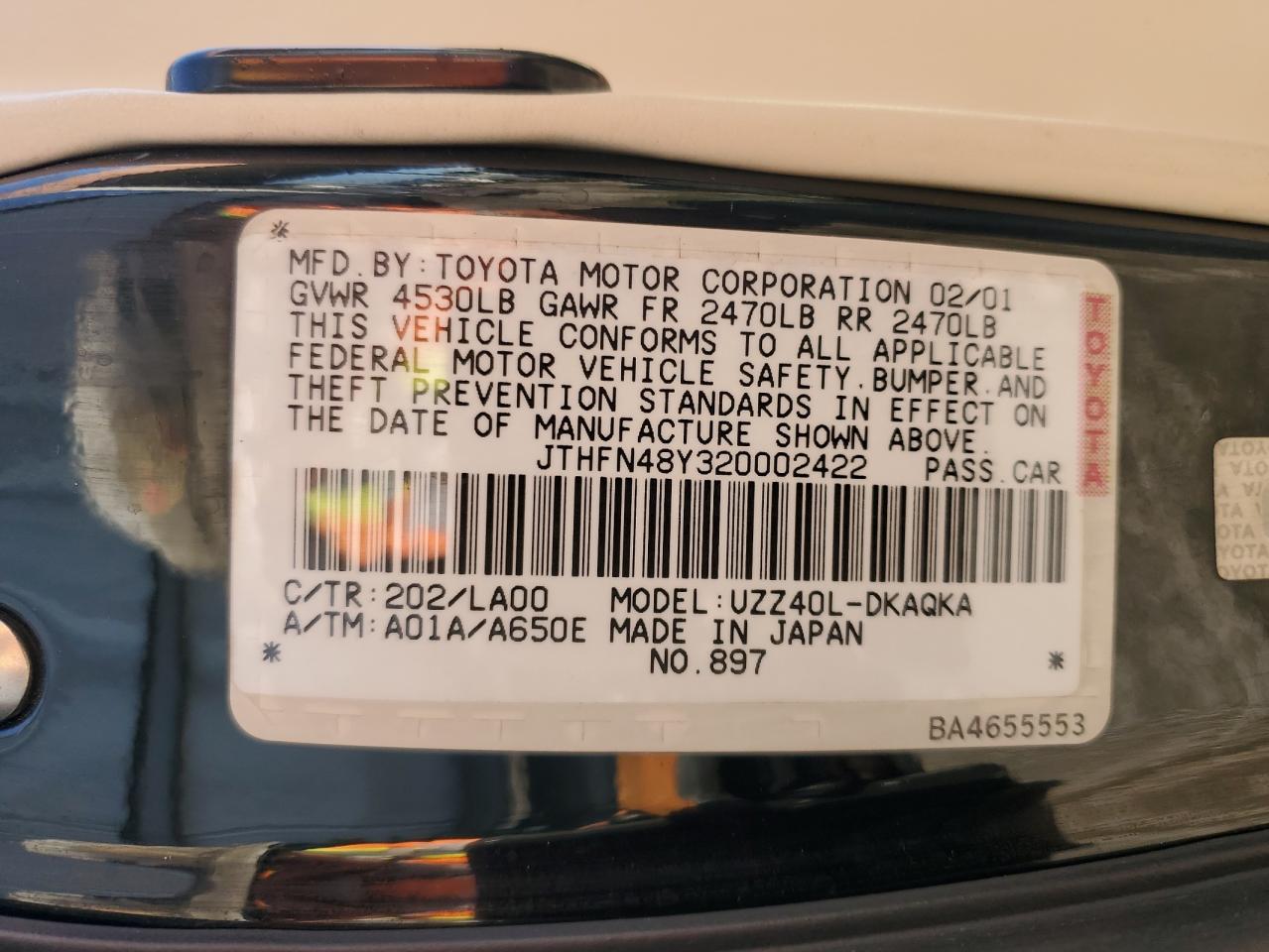 2002 Lexus Sc 430 VIN: JTHFN48Y320002422 Lot: 57104945