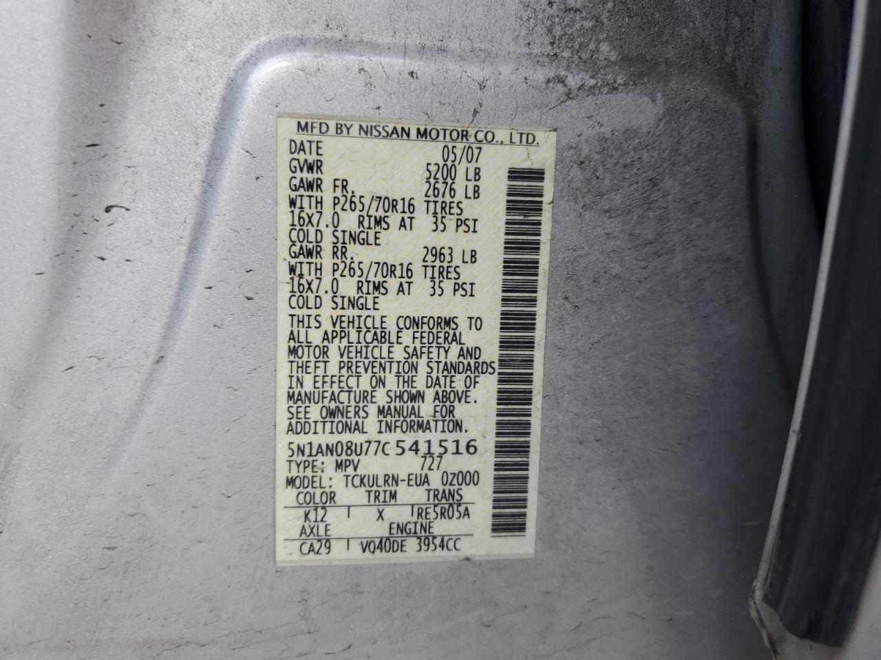2007 Nissan Xterra Off Road VIN: 5N1AN08U77C541516 Lot: 57232175