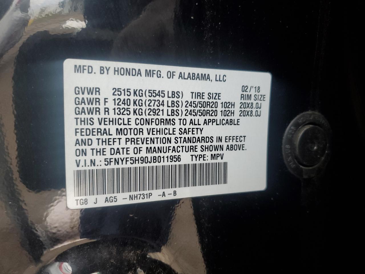 2018 Honda Pilot Touring VIN: 5FNYF5H90JB011956 Lot: 57482515