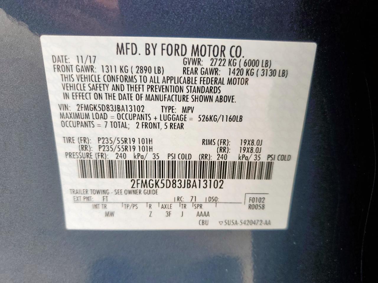 2018 Ford Flex Limited VIN: 2FMGK5D83JBA13102 Lot: 56687975