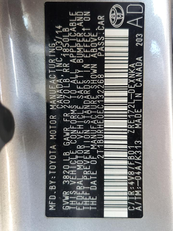 2014 Toyota Corolla L VIN: 2T1BURHE0EC132268 Lot: 57146575