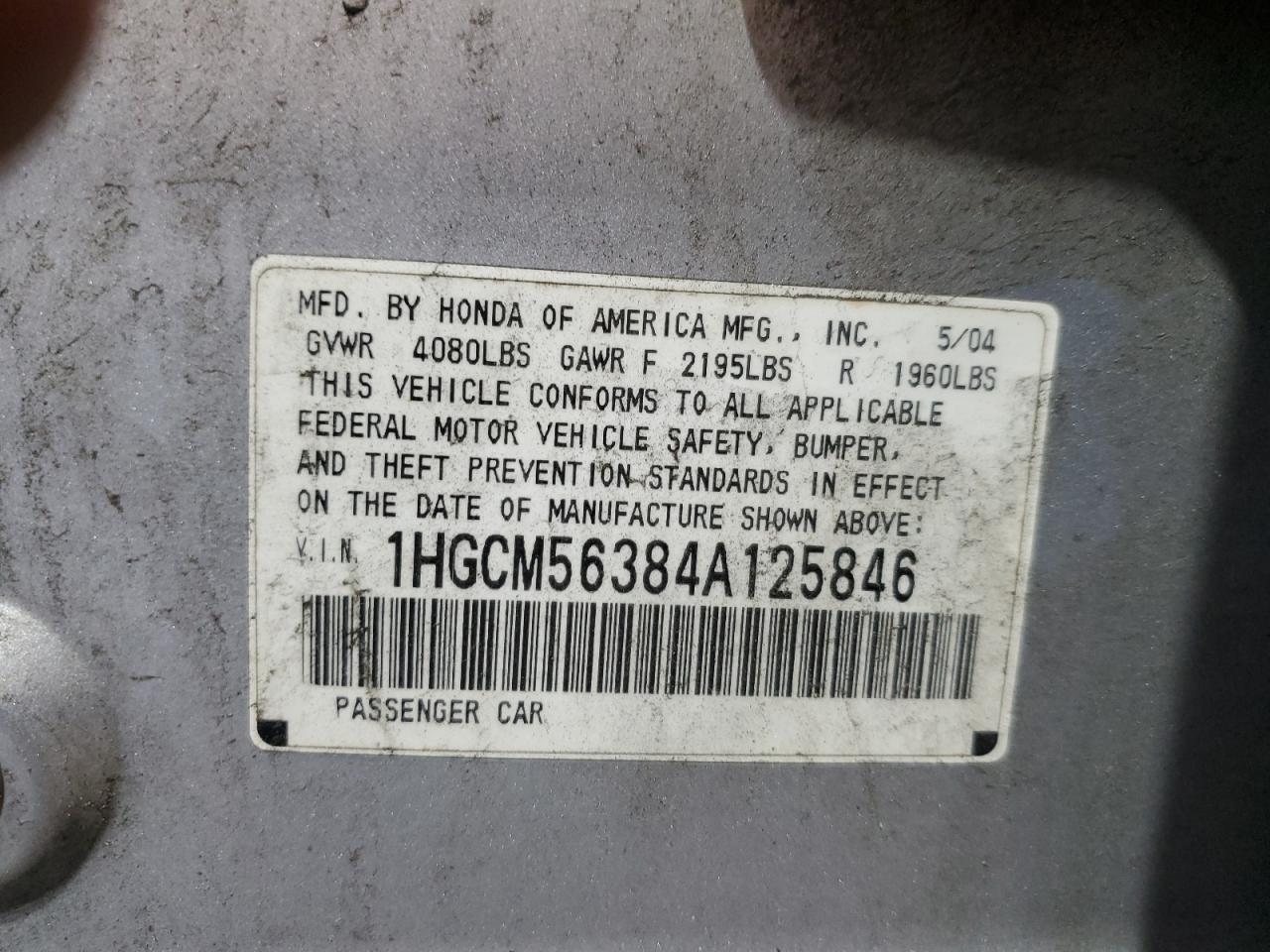 2004 Honda Accord Lx VIN: 1HGCM56384A125846 Lot: 56747185