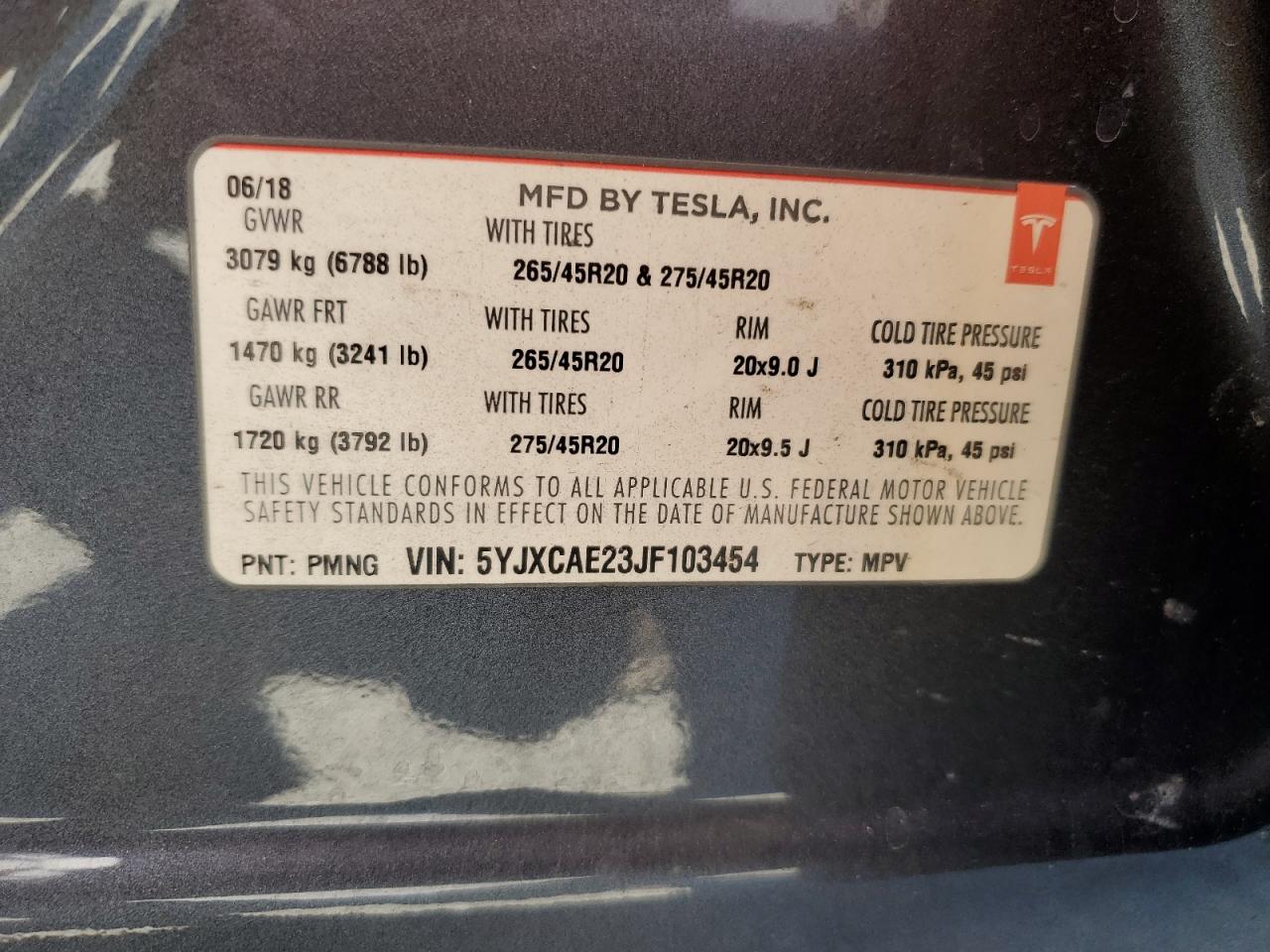2018 Tesla Model X VIN: 5YJXCAE23JF103454 Lot: 55852395