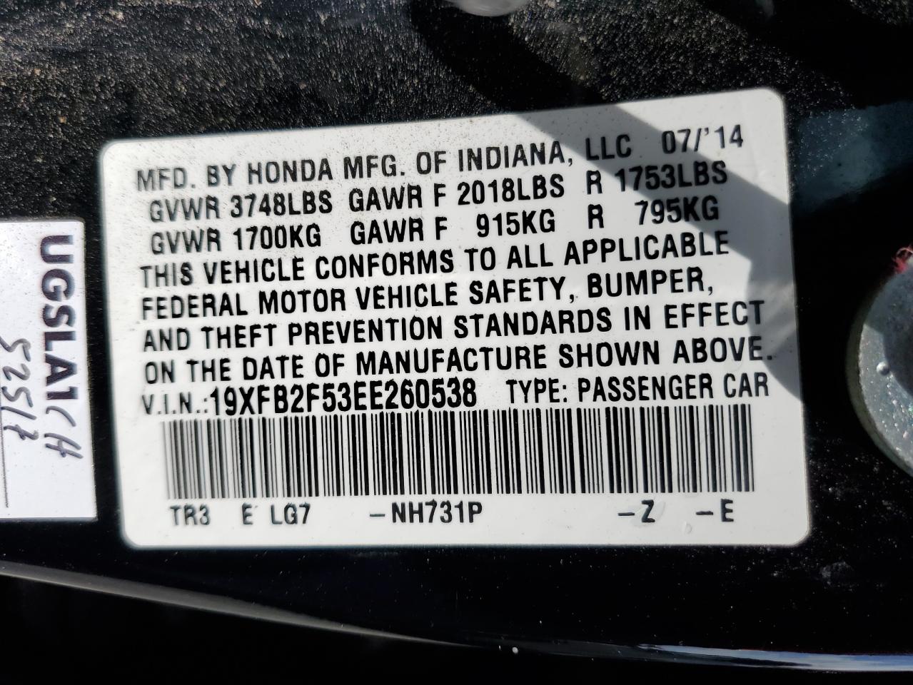 2014 Honda Civic Lx VIN: 19XFB2F53EE260538 Lot: 56511555