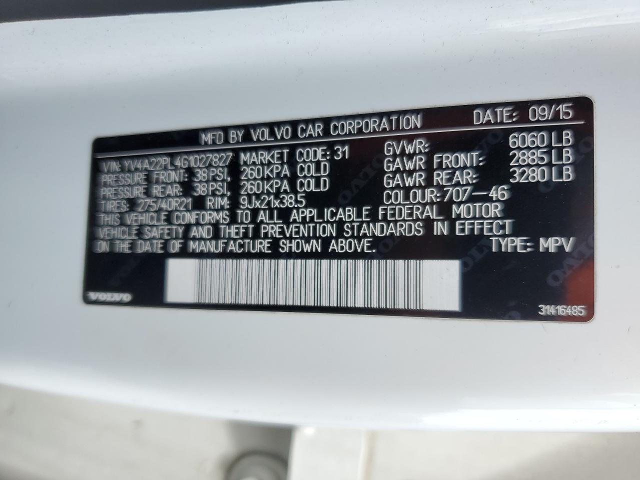 2016 Volvo Xc90 T6 VIN: YV4A22PL4G1027827 Lot: 56332285