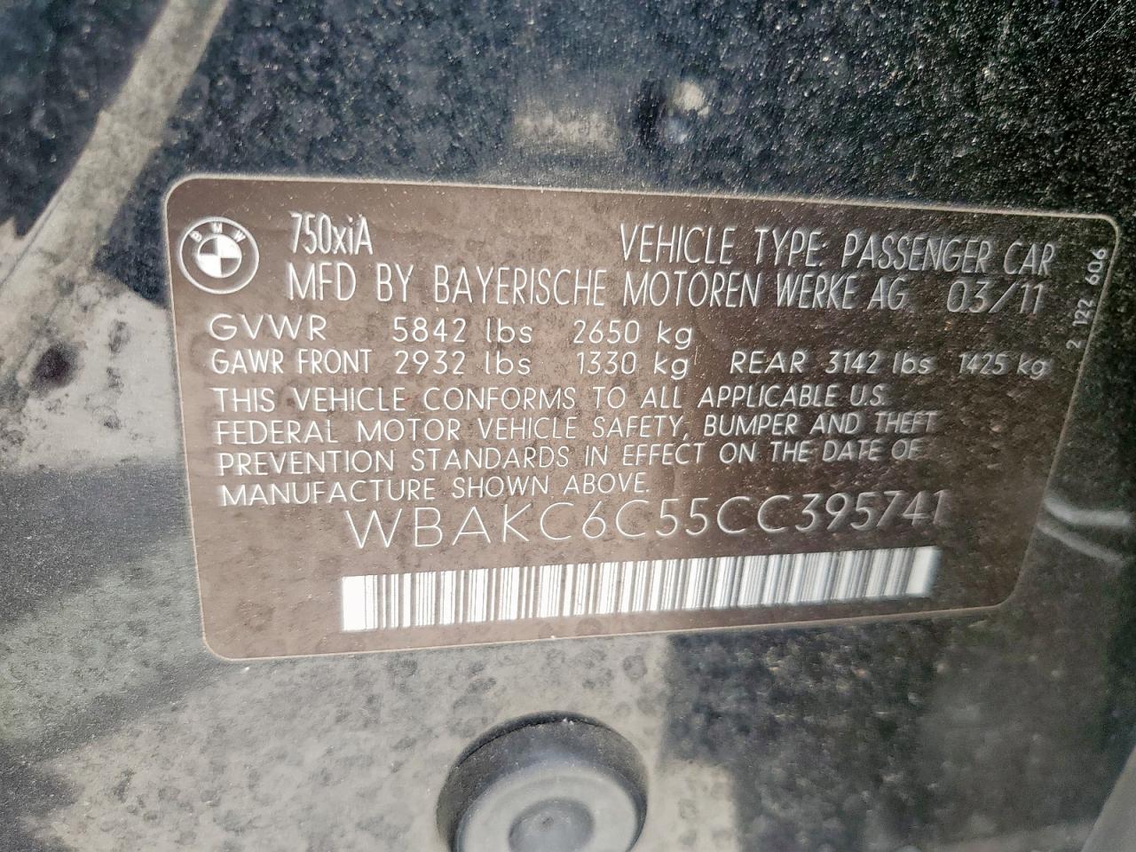 2012 BMW 750 Xi VIN: WBAKC6C55CC395741 Lot: 54731405