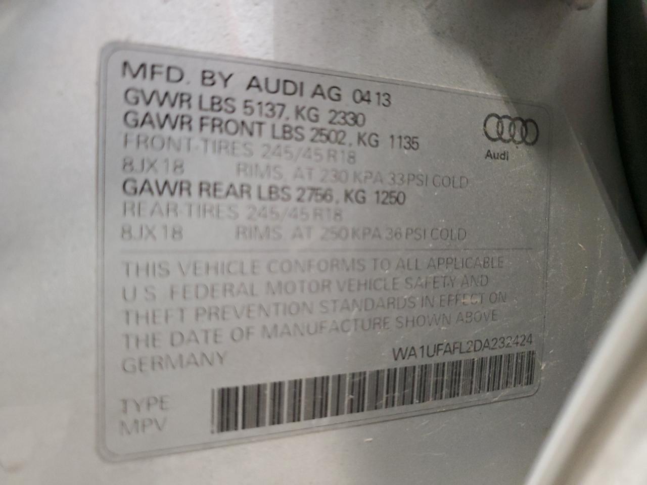 2013 Audi A4 Allroad Premium Plus VIN: WA1UFAFL2DA232424 Lot: 57132725
