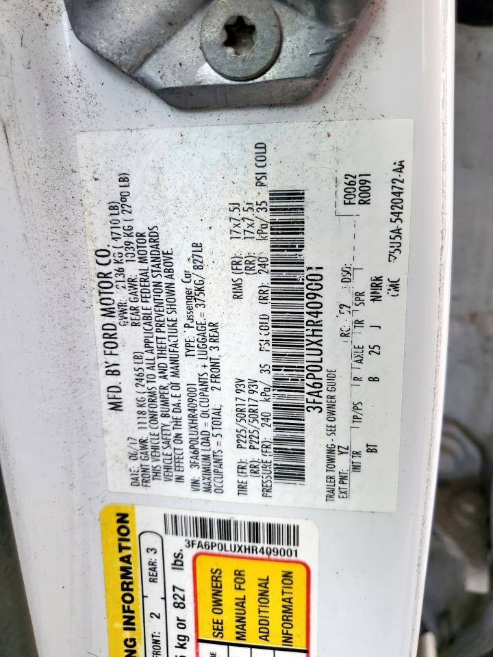 2017 Ford Fusion Se Hybrid VIN: 3FA6P0LUXHR409001 Lot: 54034855