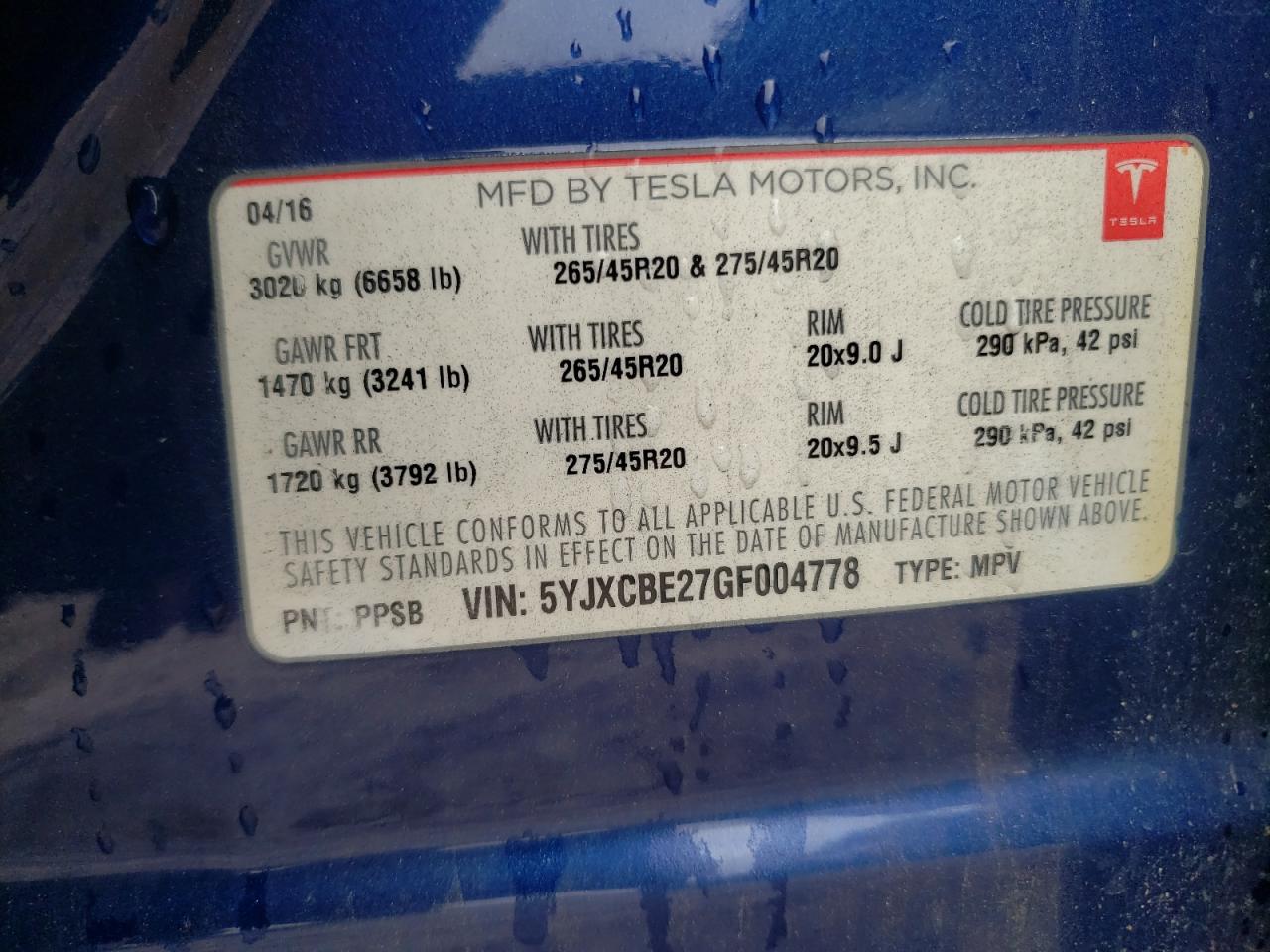 2016 Tesla Model X VIN: 5YJXCBE27GF004778 Lot: 56419965