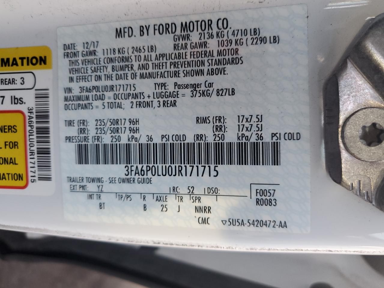 2018 Ford Fusion Se Hybrid VIN: 3FA6P0LU0JR171715 Lot: 54025425