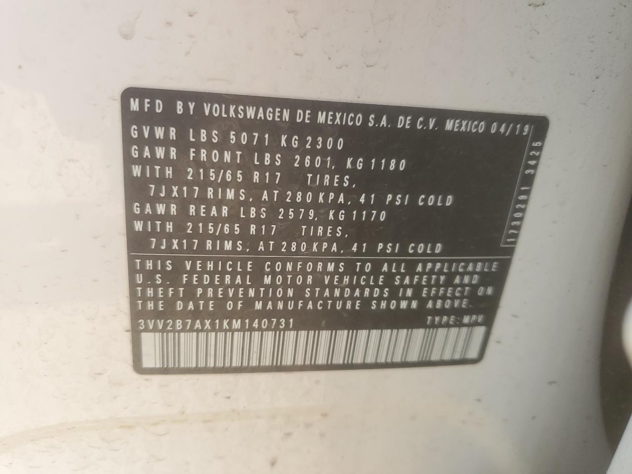 2019 Volkswagen Tiguan Se VIN: 3VV2B7AX1KM140731 Lot: 58394585