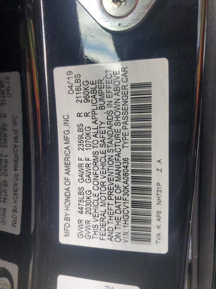 2019 Honda Accord Sport VIN: 1HGCV1F30KA080436 Lot: 56984015