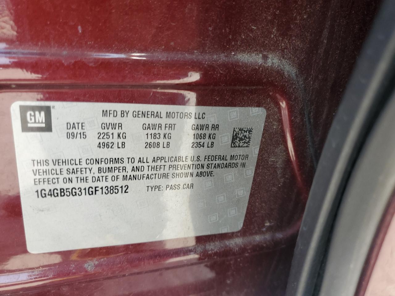 2016 Buick Lacrosse VIN: 1G4GB5G31GF138512 Lot: 57262625