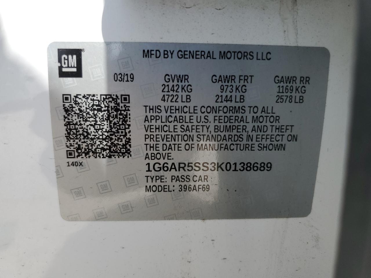 2019 Cadillac Cts Luxury VIN: 1G6AR5SS3K0138689 Lot: 56887645