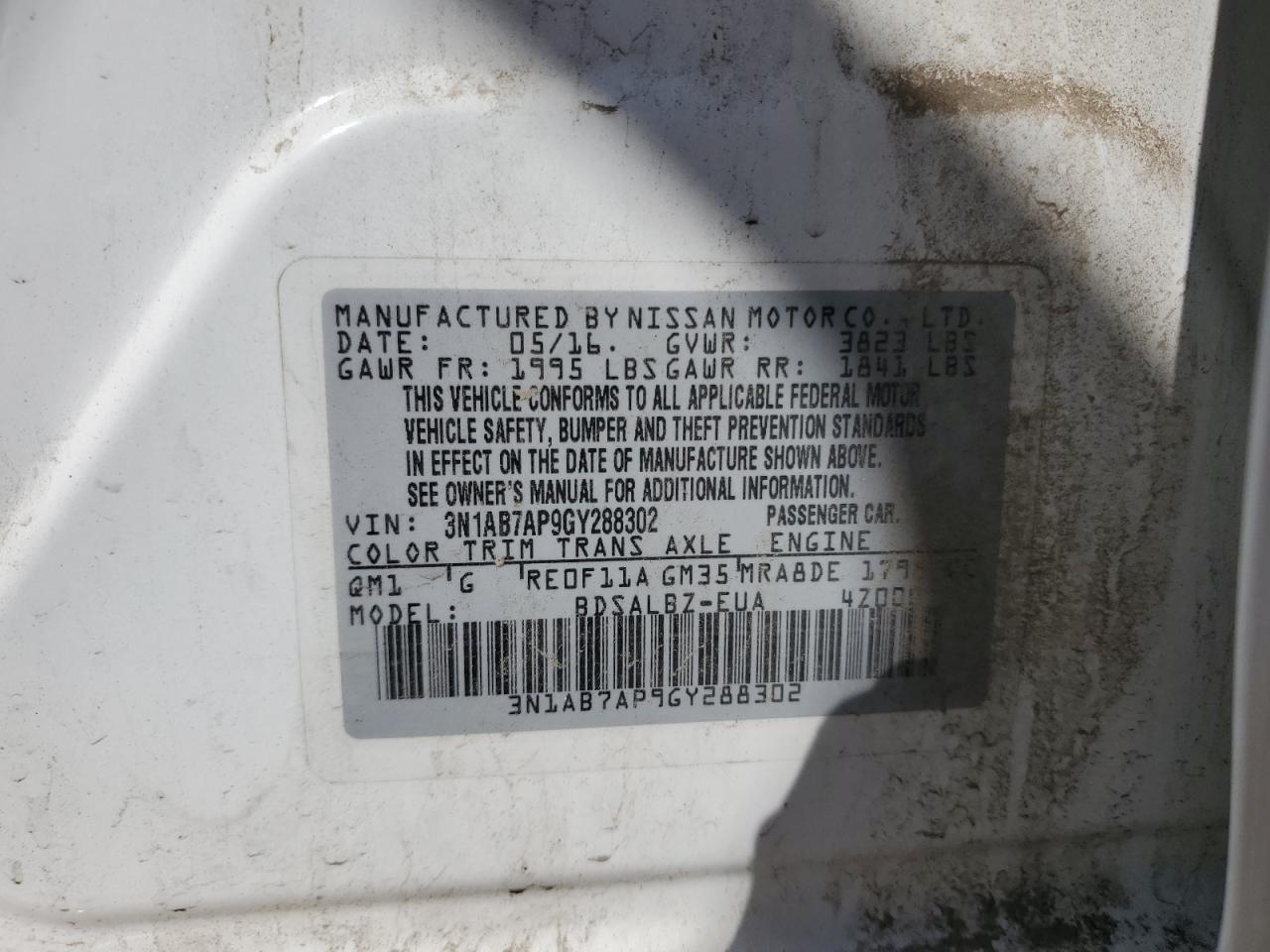 2016 Nissan Sentra S VIN: 3N1AB7AP9GY288302 Lot: 58491185