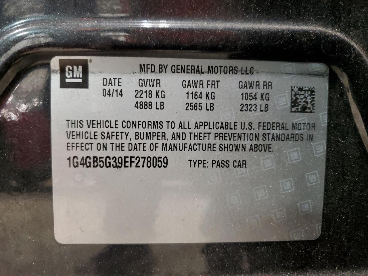 2014 Buick Lacrosse VIN: 1G4GB5G39EF278059 Lot: 56986295