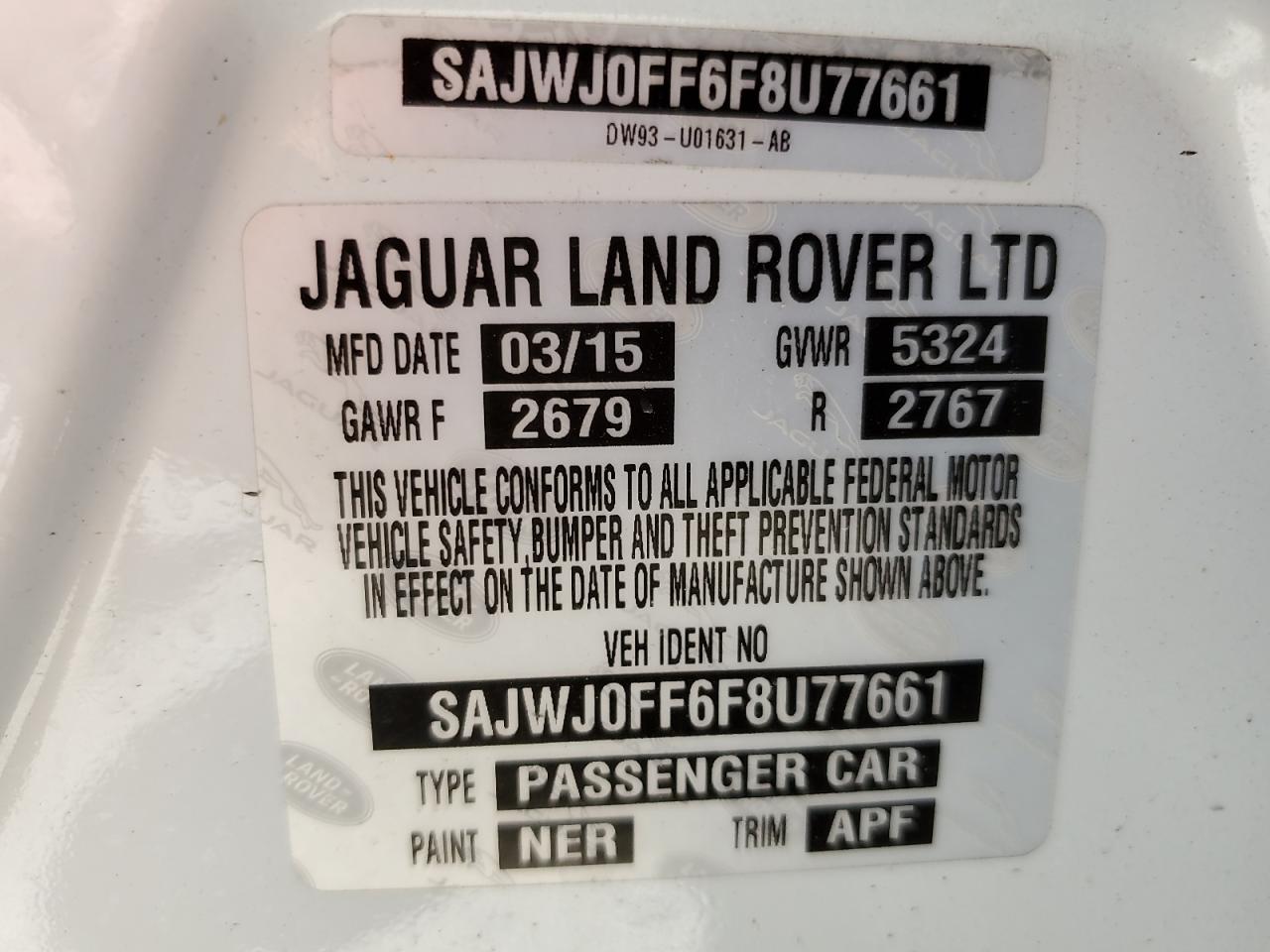 2015 Jaguar Xf 3.0 Sport Awd VIN: SAJWJ0FF6F8U77661 Lot: 57786865