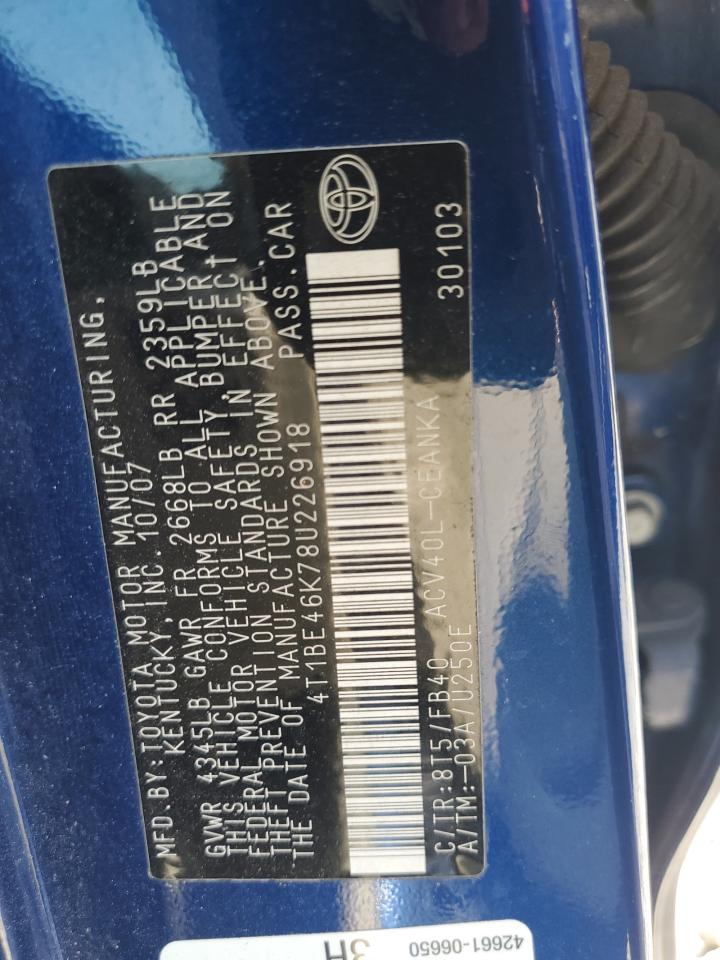 2008 Toyota Camry Ce VIN: 4T1BE46K78U226918 Lot: 57277665