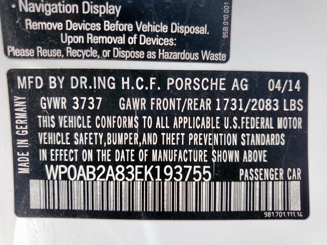 2014 Porsche Cayman S VIN: WP0AB2A83EK193755 Lot: 56706685
