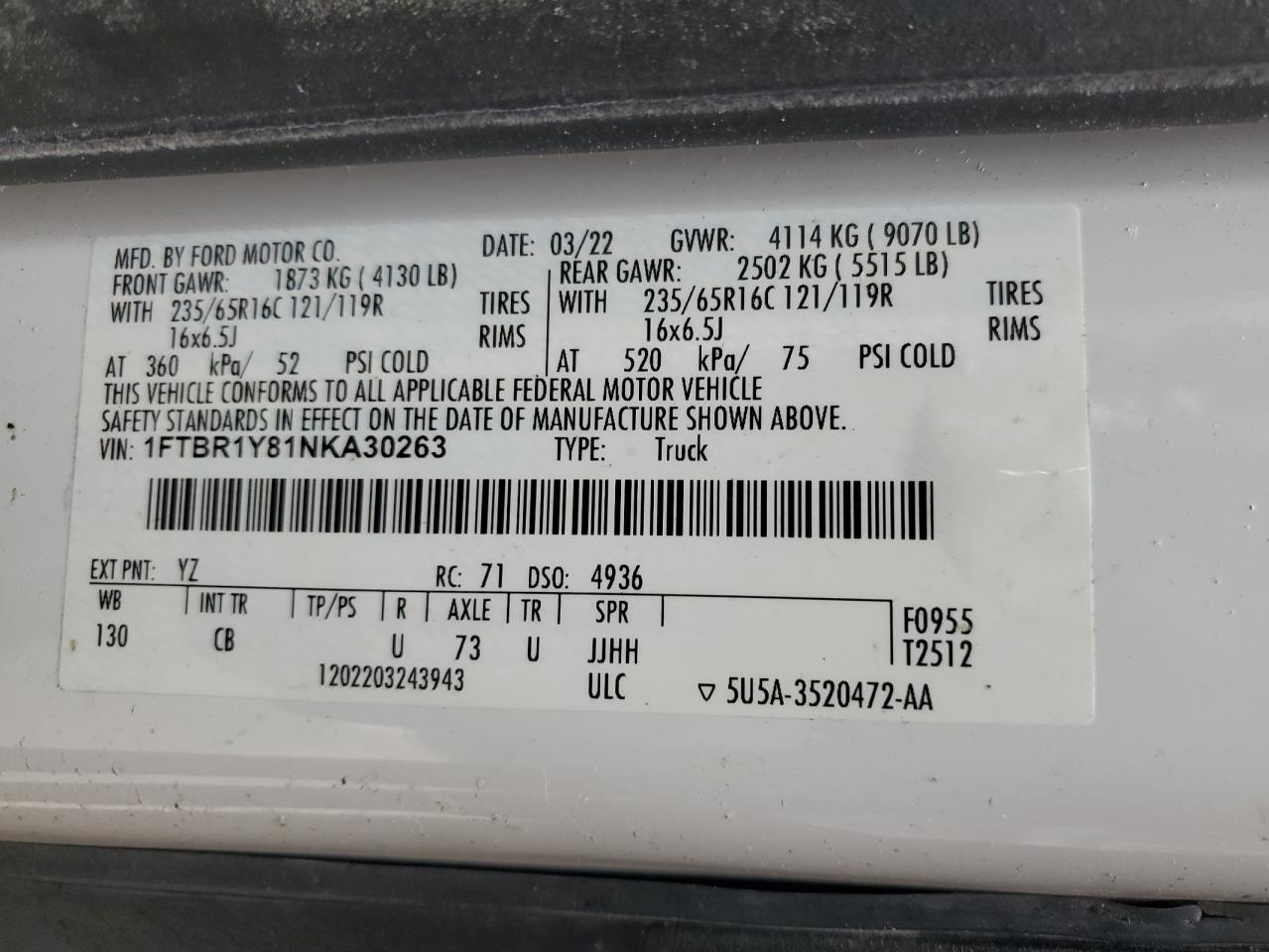 2022 Ford Transit T-250 VIN: 1FTBR1Y81NKA30263 Lot: 58742655