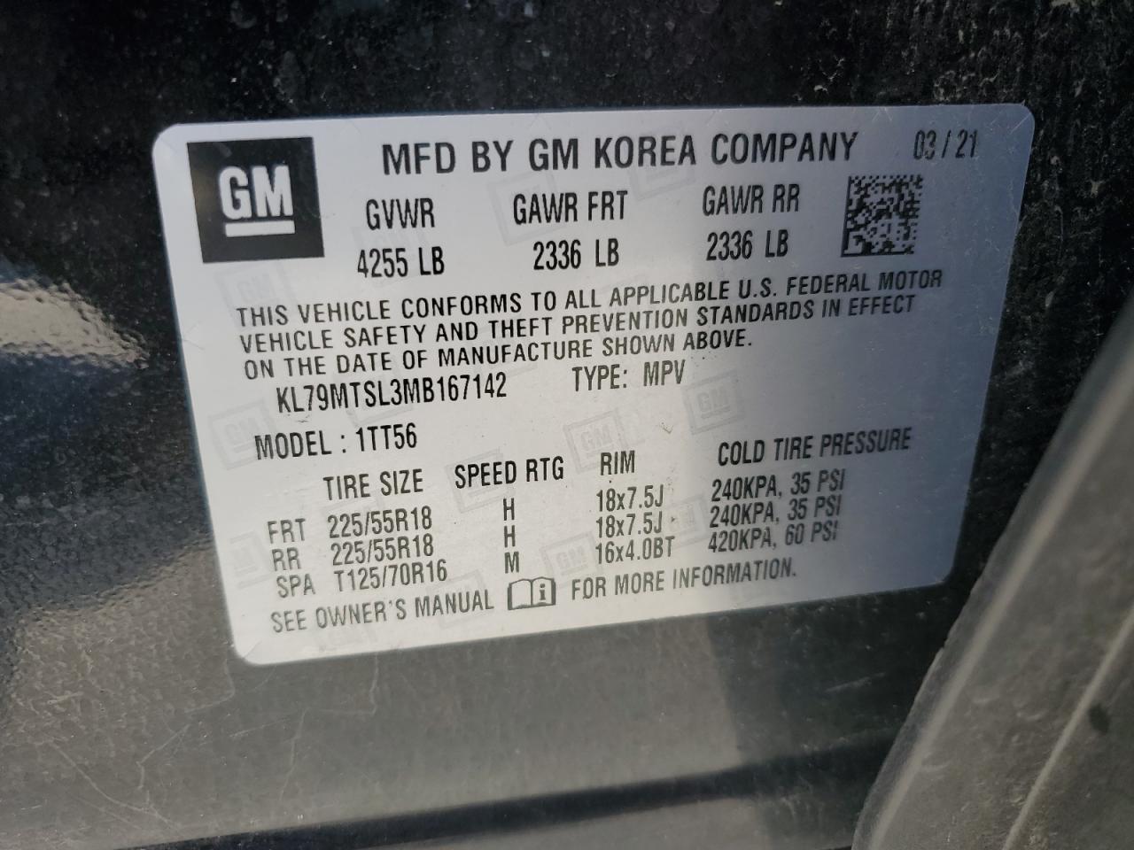 2021 Chevrolet Trailblazer Rs VIN: KL79MTSL3MB167142 Lot: 58831575