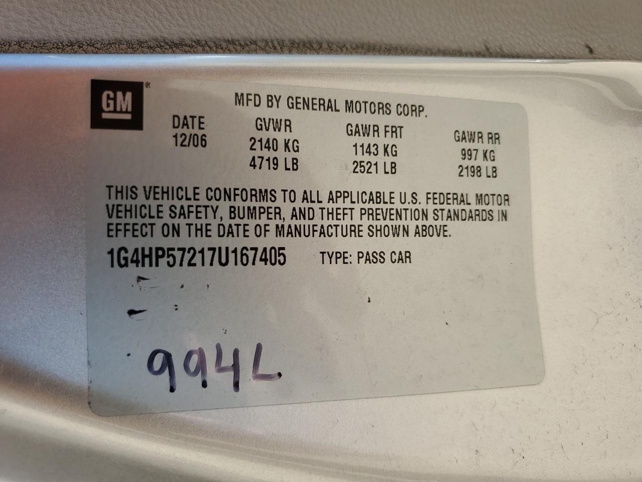 2007 Buick Lucerne Cx VIN: 1G4HP57217U167405 Lot: 56363755