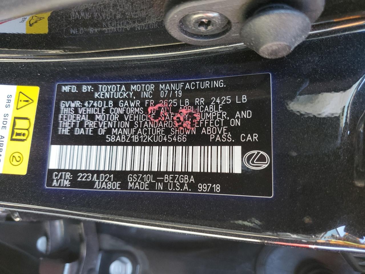2019 Lexus Es 350 VIN: 58ABZ1B12KU045466 Lot: 57901945