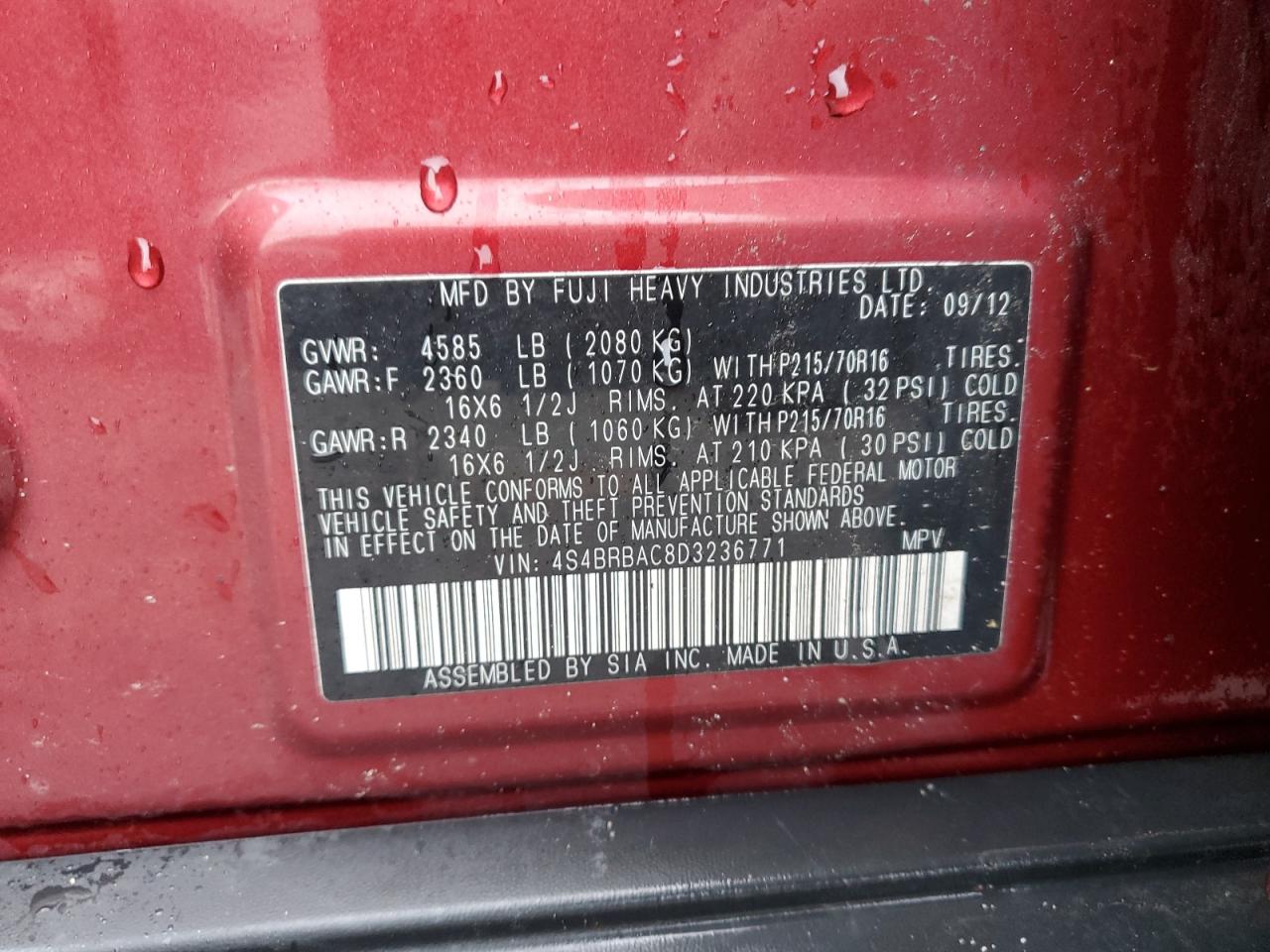 2013 Subaru Outback 2.5I VIN: 4S4BRBAC8D3236771 Lot: 56848065