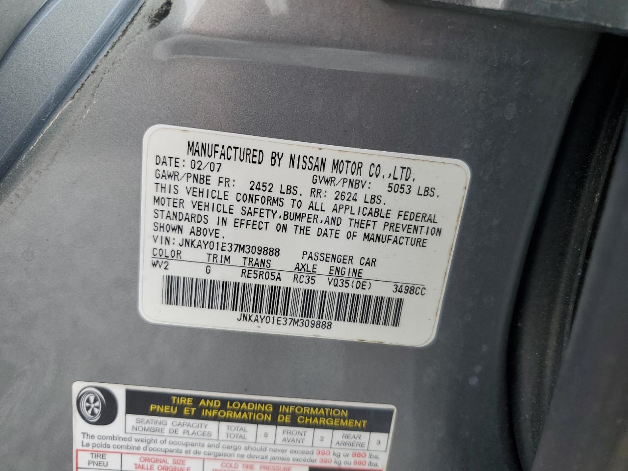 2007 Infiniti M35 Base VIN: JNKAY01E37M309888 Lot: 55955235
