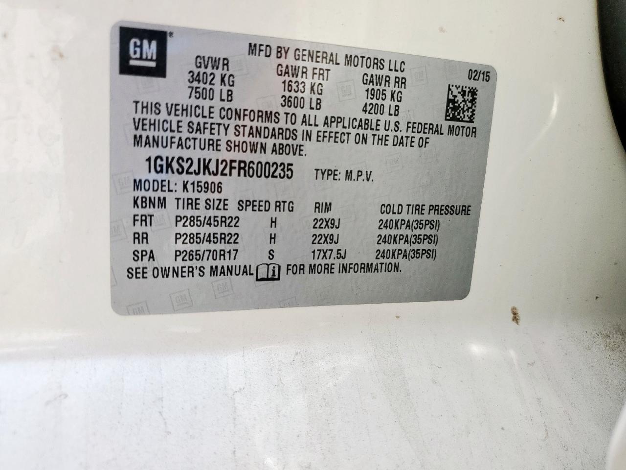 2015 GMC Yukon Xl Denali VIN: 1GKS2JKJ2FR600235 Lot: 57215955
