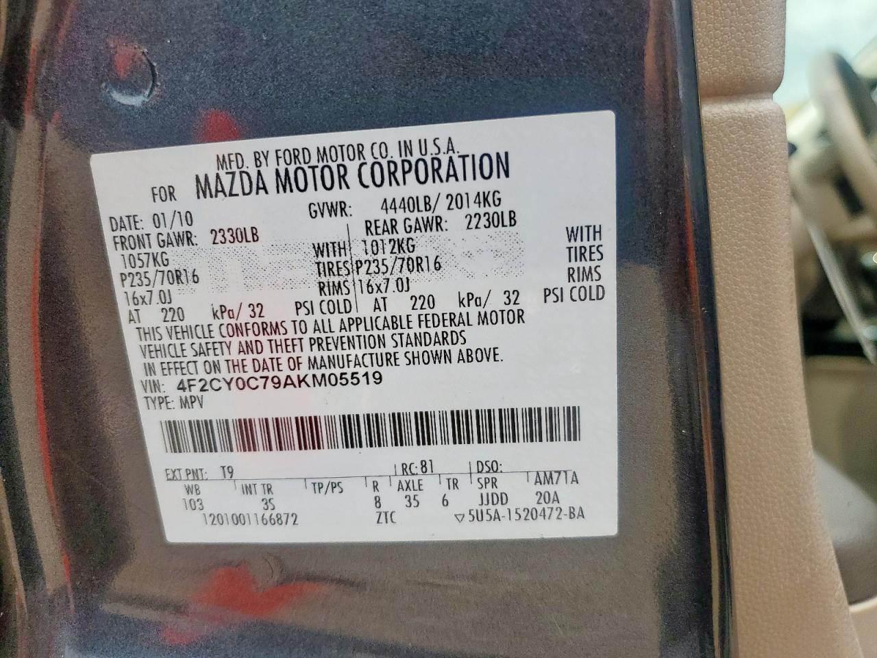 2010 Mazda Tribute I VIN: 4F2CY0C79AKM05519 Lot: 57524665