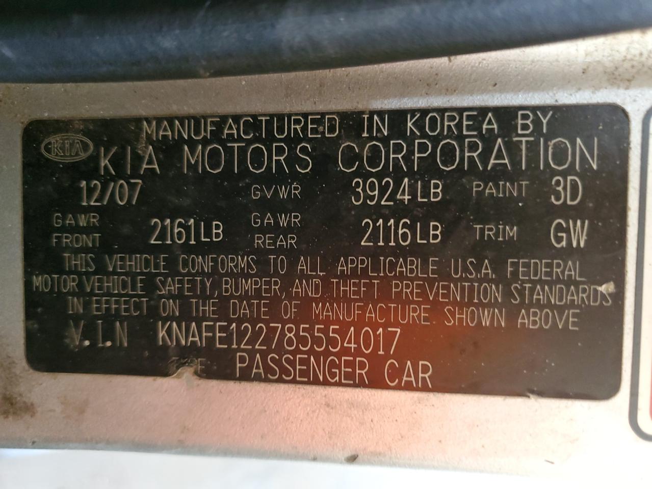 2008 Kia Spectra Ex VIN: KNAFE122785554017 Lot: 56923765