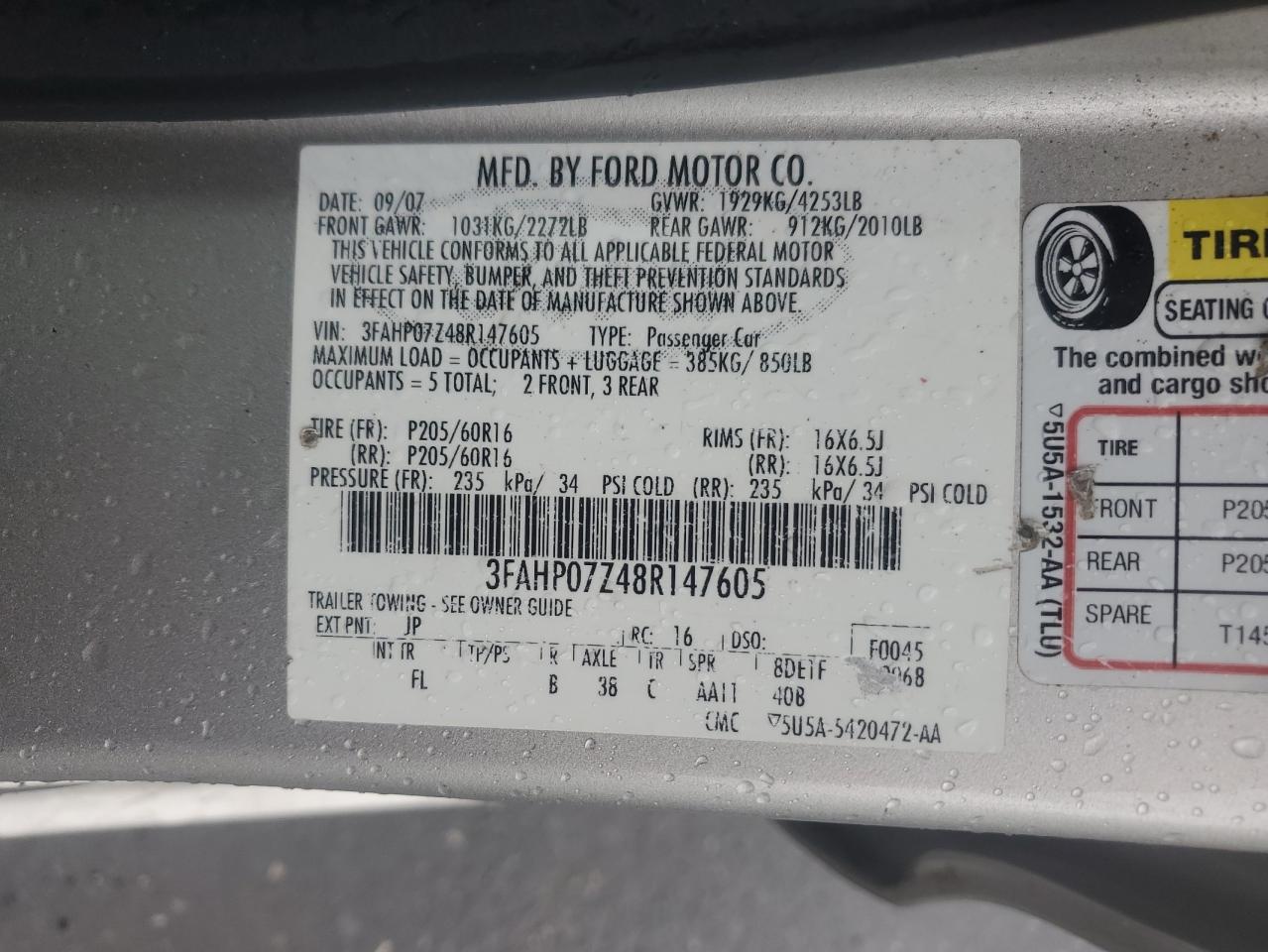 2008 Ford Fusion Se VIN: 3FAHP07Z48R147605 Lot: 56885865