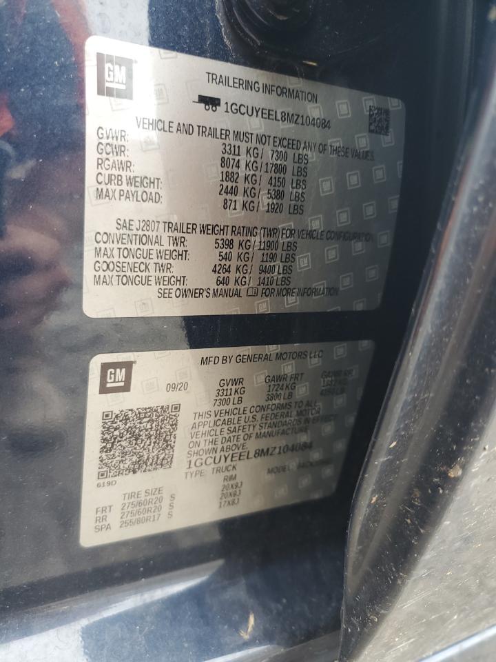 2021 Chevrolet Silverado K1500 Rst VIN: 1GCUYEEL8MZ104084 Lot: 58307795